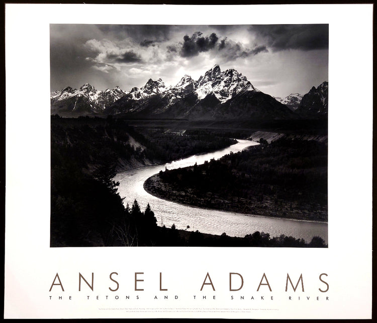 "Ansel Adams - The Tetons and the Snake River, vintage photographic print 24.25"×28", sinuous Snake River winding through forested valley toward dramatic Teton Range Wyoming, iconic black and white landscape photography, mounted on board ready to frame"