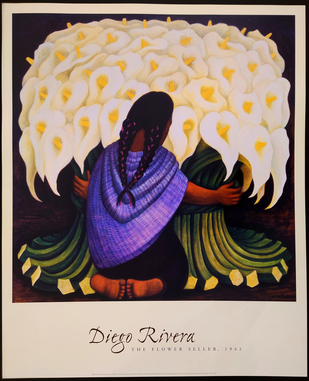 Artistic depiction of a person holding a large bouquet of white flowers with 'Diego Rivera' and '1942' text.