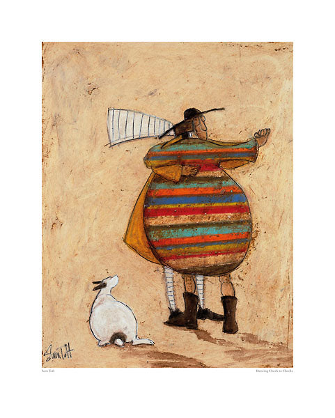 Sam Toft – Dancing Cheek to Cheeky, Mr. Mustard and partner embracing in a dance, bold striped coat, Doris the white dog gazing up at them adoringly