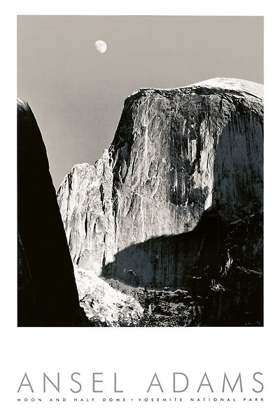 A black and white photographic art print of Yosemite National Park featuring El Capitan and the moon, with the text 'ANSEL ADAMS' and 'MOON AND HALF DOME • YOSEMITE NATIONAL PARK' at the bottom.
