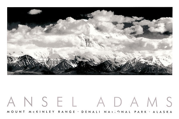 A black and white landscape art print featuring a dramatic mountain range under a cloudy sky, with the text 'ANSEL ADAMS' and 'MOUNT MCKINLEY RANGE - DENALI NATIONAL PARK - ALASKA' printed below.