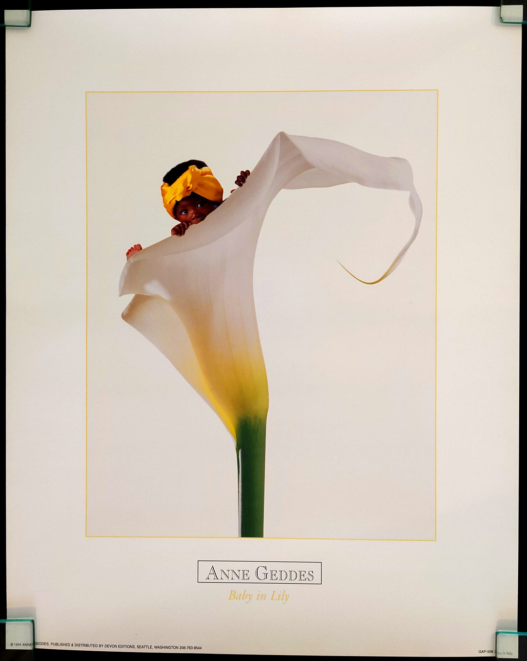 Anne Geddes fine art print - Baby in Lily, a newborn baby nestled peacefully inside a blooming lily flower, ethereal and tender newborn photography.