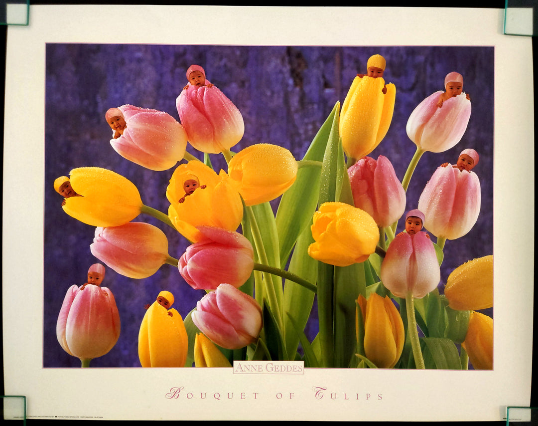 "Anne Geddes fine art print - Bouquet of Tulips, a lush bouquet of tulips with tiny baby figurines nestled among the petals against a rich purple background, magical and whimsical"