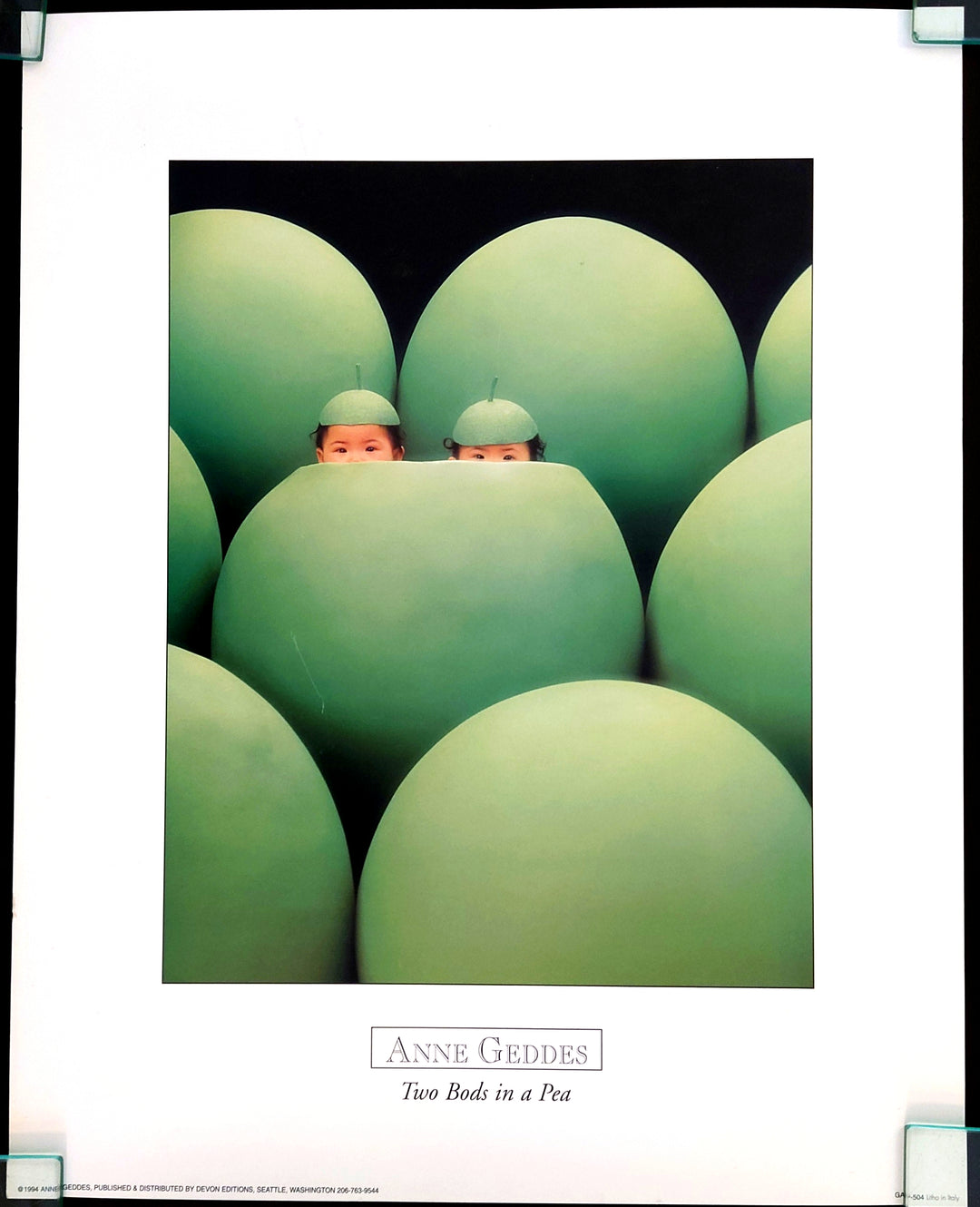 "Anne Geddes fine art print - Two Bods in a Pea, two babies peeking out from inside a giant green pea pod, tender and whimsical newborn photography"