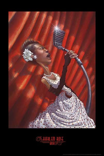 A stylized poster print featuring a woman in a white polka-dot dress singing into a vintage microphone in front of red curtains. The artwork is framed with a black border, and the text 'HARLEM ROSE DUN' appears at the bottom.