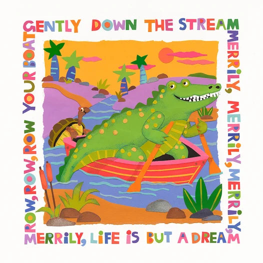 "Cheryl Piperberg fine art print - Row Your Boat, a cheerful alligator rowing a boat down a river with the classic Row Your Boat nursery rhyme, bright and whimsical children's art"