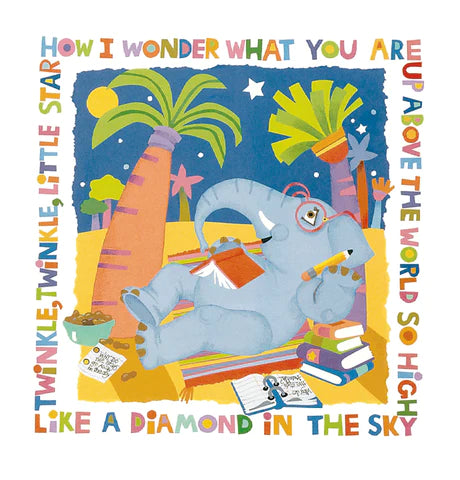 "Cheryl Piperberg fine art print - Twinkle Twinkle, a blue elephant gazing at the starry night sky while writing in a notebook, with the classic nursery rhyme, dreamy and whimsical"