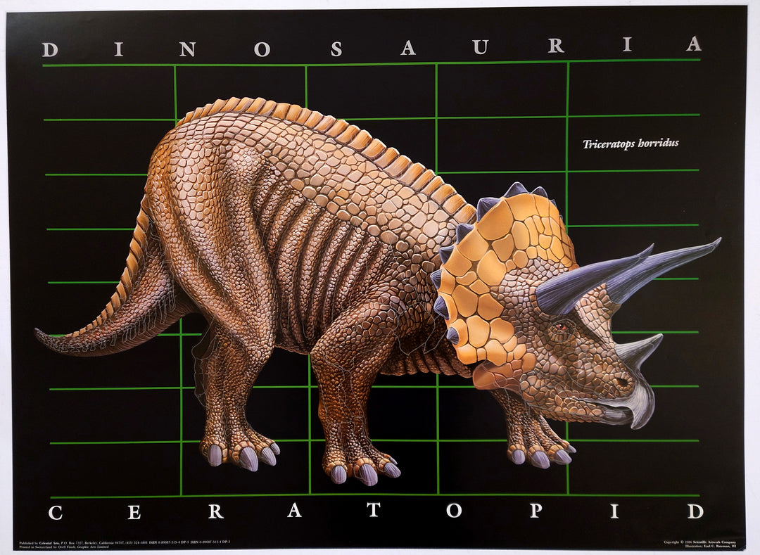 A color illustration of a triceratops with a black and green grid pattern in the background.