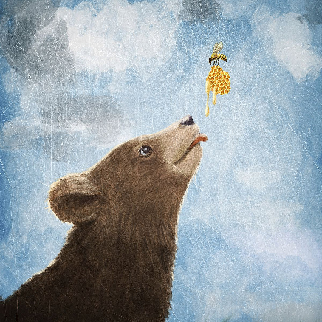 Paula Belle Flores - Bear Cub and Bee with Honeycomb