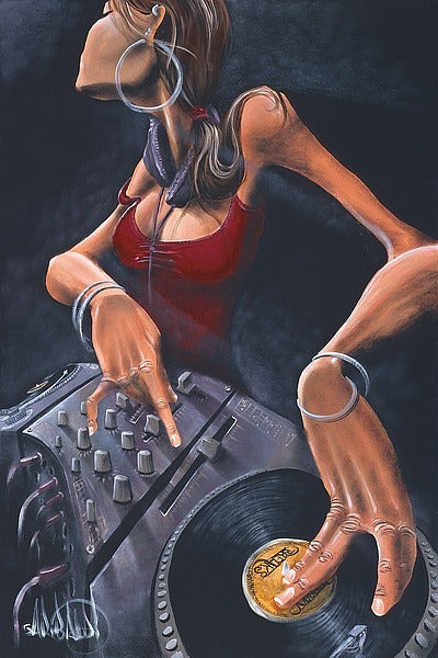 An artistic painting of a DJ with long brown hair, wearing a red top and large hoop earrings, mixing records on a turntable with one hand while placing a record on the turntable with the other.