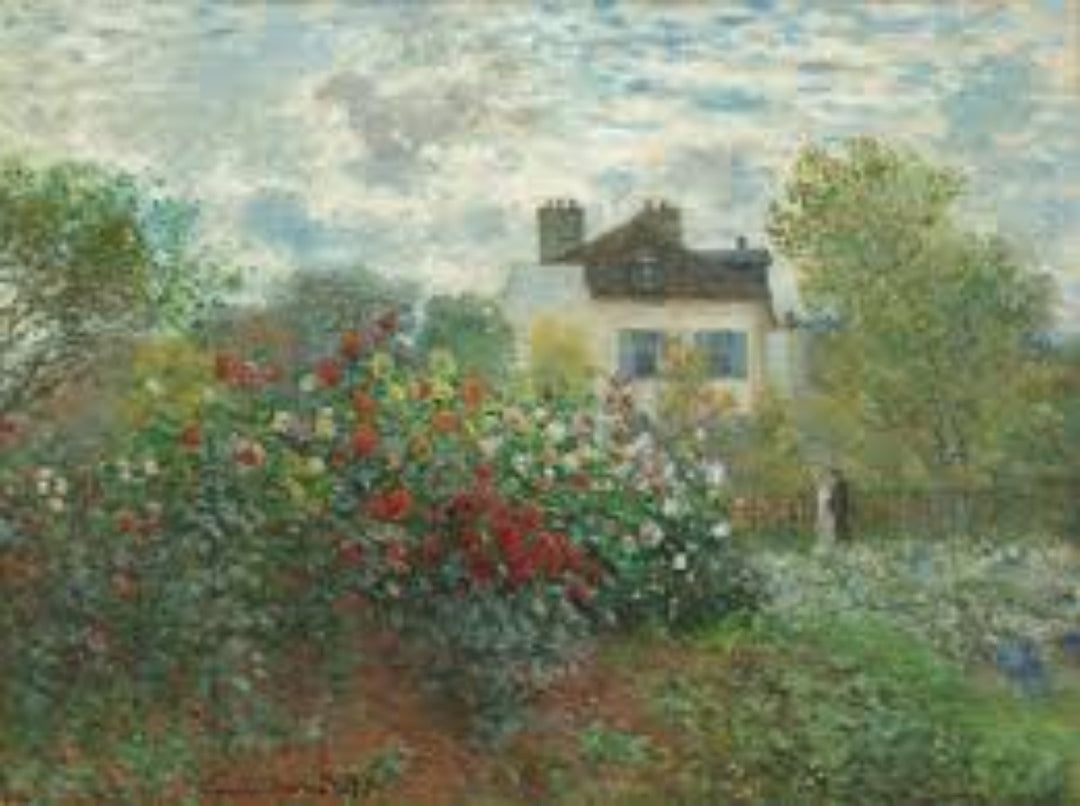 "Claude Monet - Garden in Argenteuil fine art print, 24 x 32.25 inches, showing red poppies and lush green garden in Impressionist style"