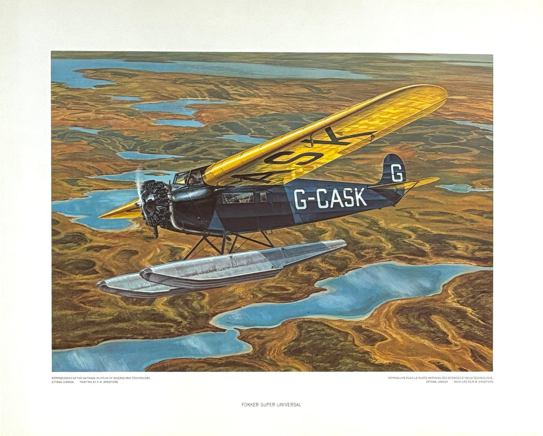 Vintage-style illustration of a floatplane flying over a landscape with lakes and terrain.