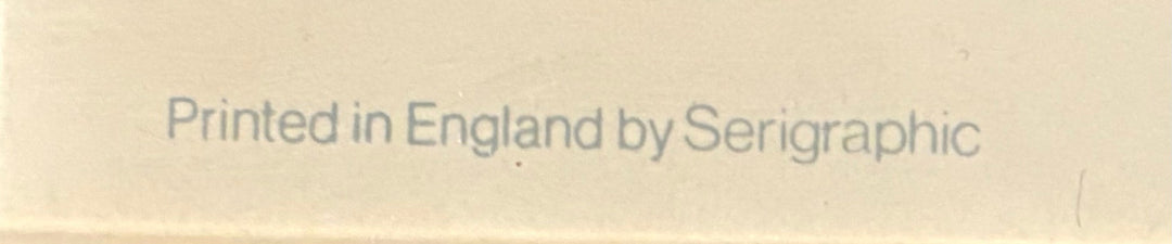 Close-up of printer imprint reading "Printed in England by Serigraphic" on original 1978 Bridget Riley British Council exhibition poster