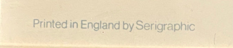Close-up of printer imprint reading "Printed in England by Serigraphic" on original 1978 Bridget Riley British Council exhibition poster