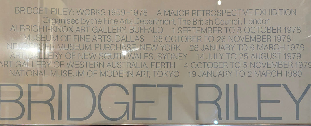 A close-up of  printed text listing major retrospective exhibitions and venues, including Bridget Riley: Works 1959–1978.
