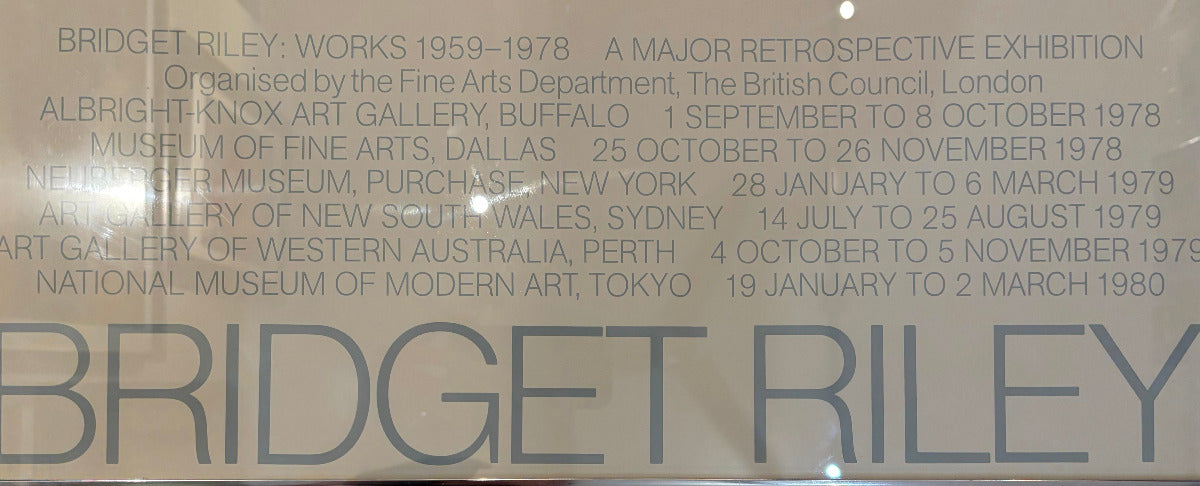 A close-up of  printed text listing major retrospective exhibitions and venues, including Bridget Riley: Works 1959–1978.