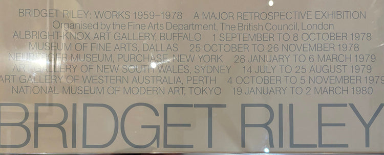 A close-up of  printed text listing major retrospective exhibitions and venues, including Bridget Riley: Works 1959–1978.