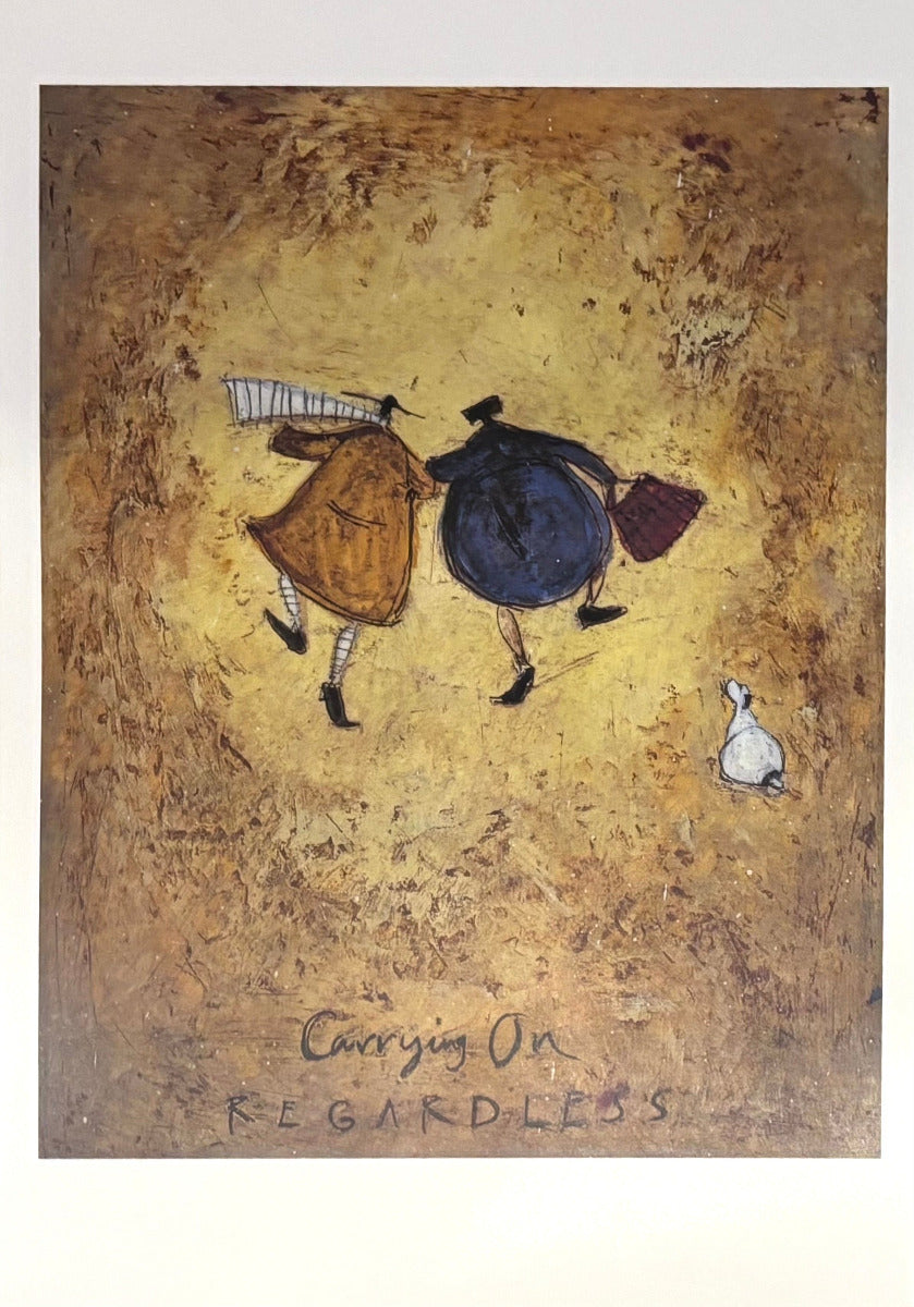An abstract painting on textured canvas featuring two dancing figures, one in a yellow dress and one in a blue coat, with a small white bird and the handwritten text 'Chargig On REGARDLESS' at the bottom.