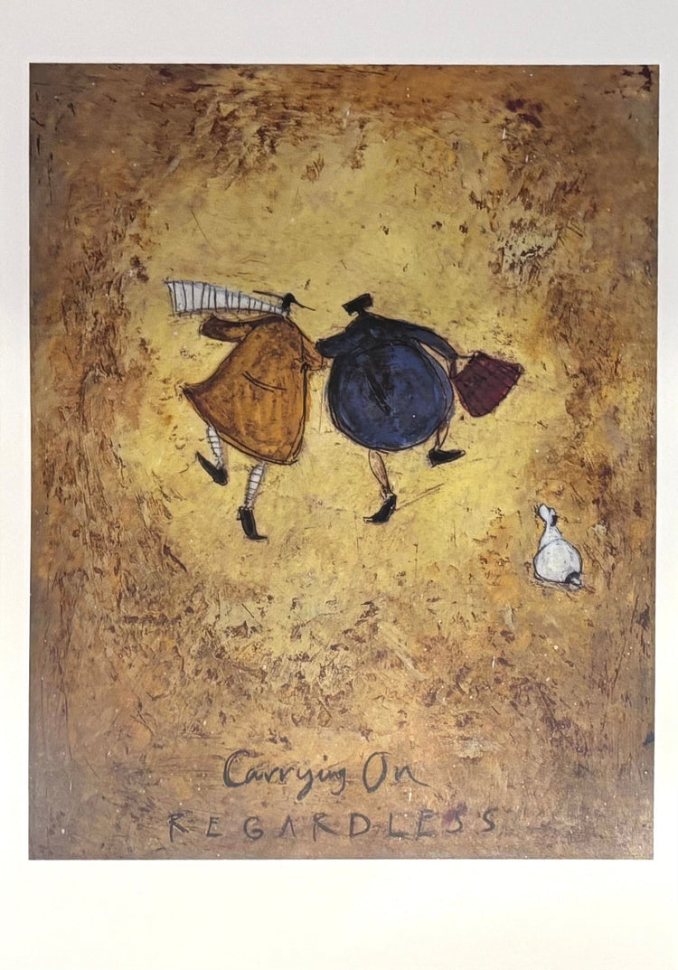 An abstract painting on textured canvas featuring two dancing figures, one in a yellow dress and one in a blue coat, with a small white bird and the handwritten text 'Chargig On REGARDLESS' at the bottom.