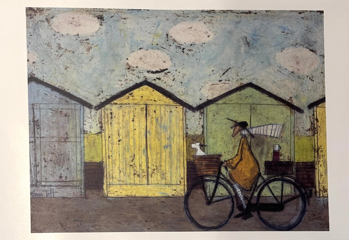 An art print or painting depicting a whimsical scene of a person riding a bicycle past yellow and green market stalls under a textured blue sky with white clouds.