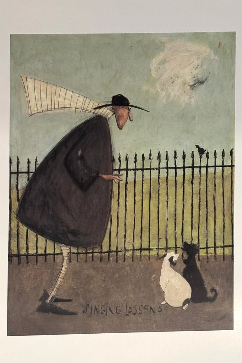 A stylized art print or painting showing a person in a long dark coat and hat walking beside a fence, with two dogs at the fence and a bird in the sky. The signature 'JINGO LESSONS' appears near the bottom.