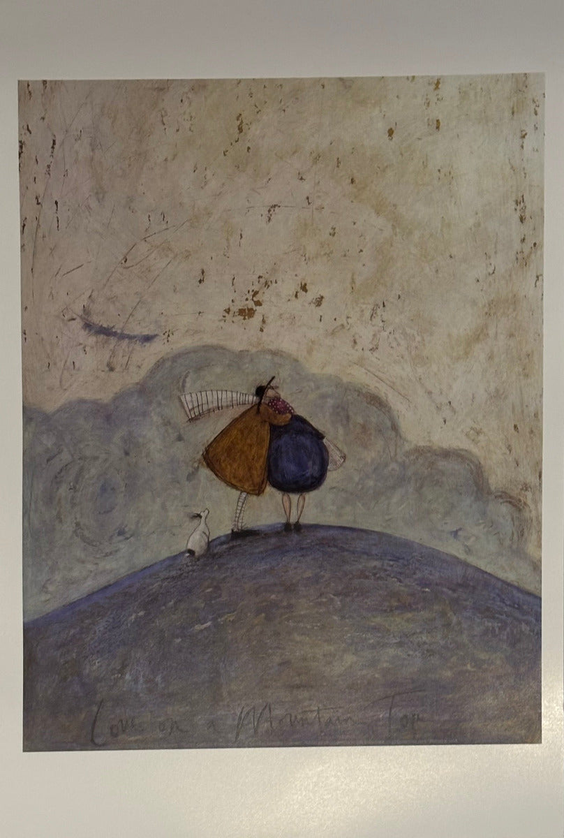 A whimsical hand-painted art print depicting a small figure in a brown and blue dress standing on a hill under a textured beige sky, mounted on a light wall.