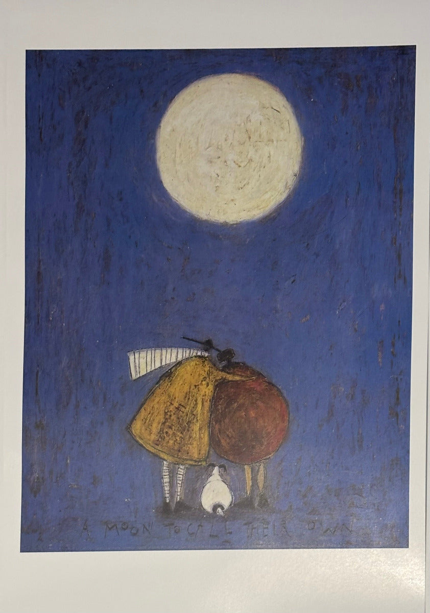 A square art print depicting a whimsical night scene with a large pale full moon over a figure in a yellow dress and a large brown shape, set against a deep blue background.