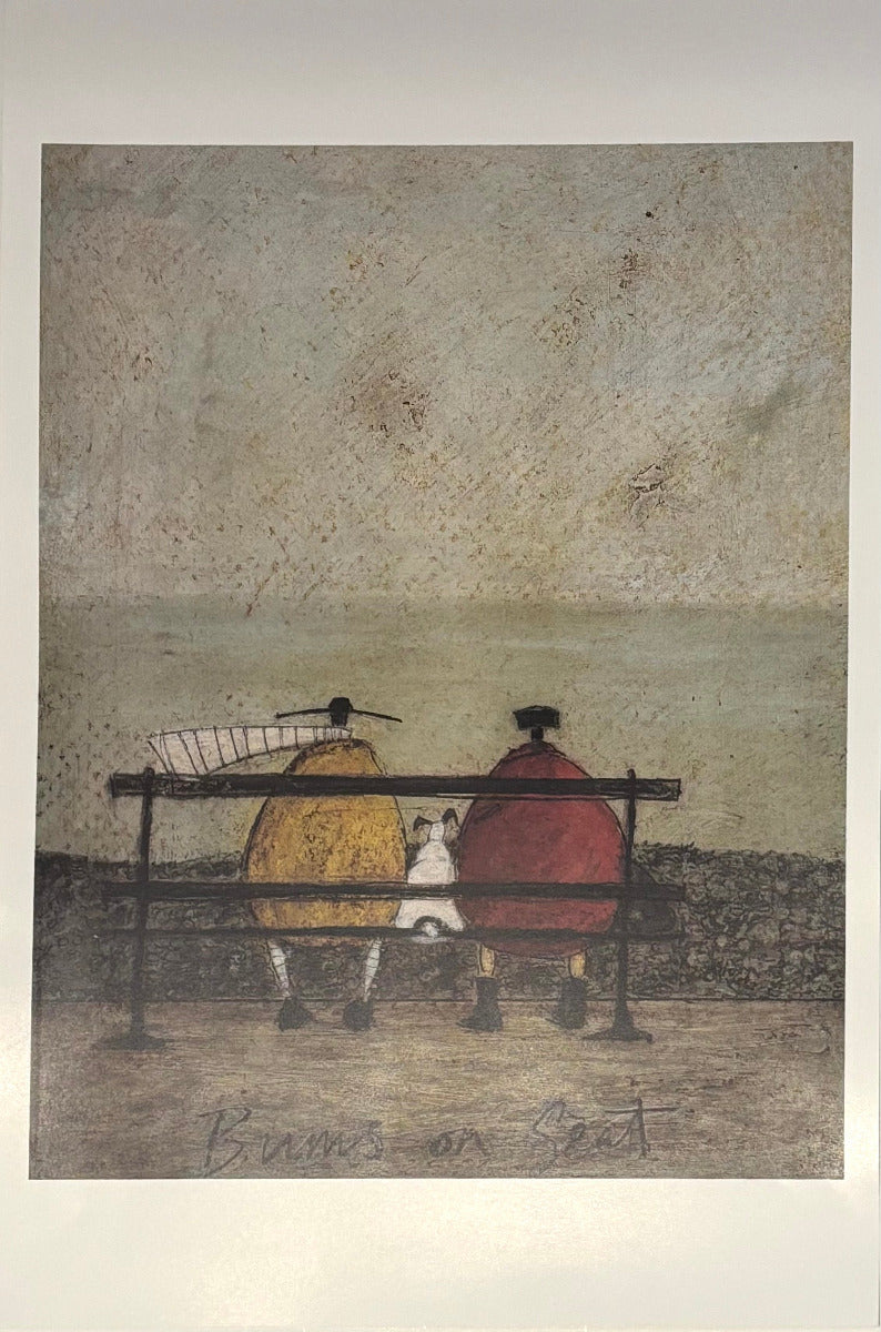 A textured art print depicting two figures sitting on a bench, one in a yellow coat and one in a red coat, facing a calm sea under a cloudy sky. The print is signed 'Barnes and Strat' at the bottom.