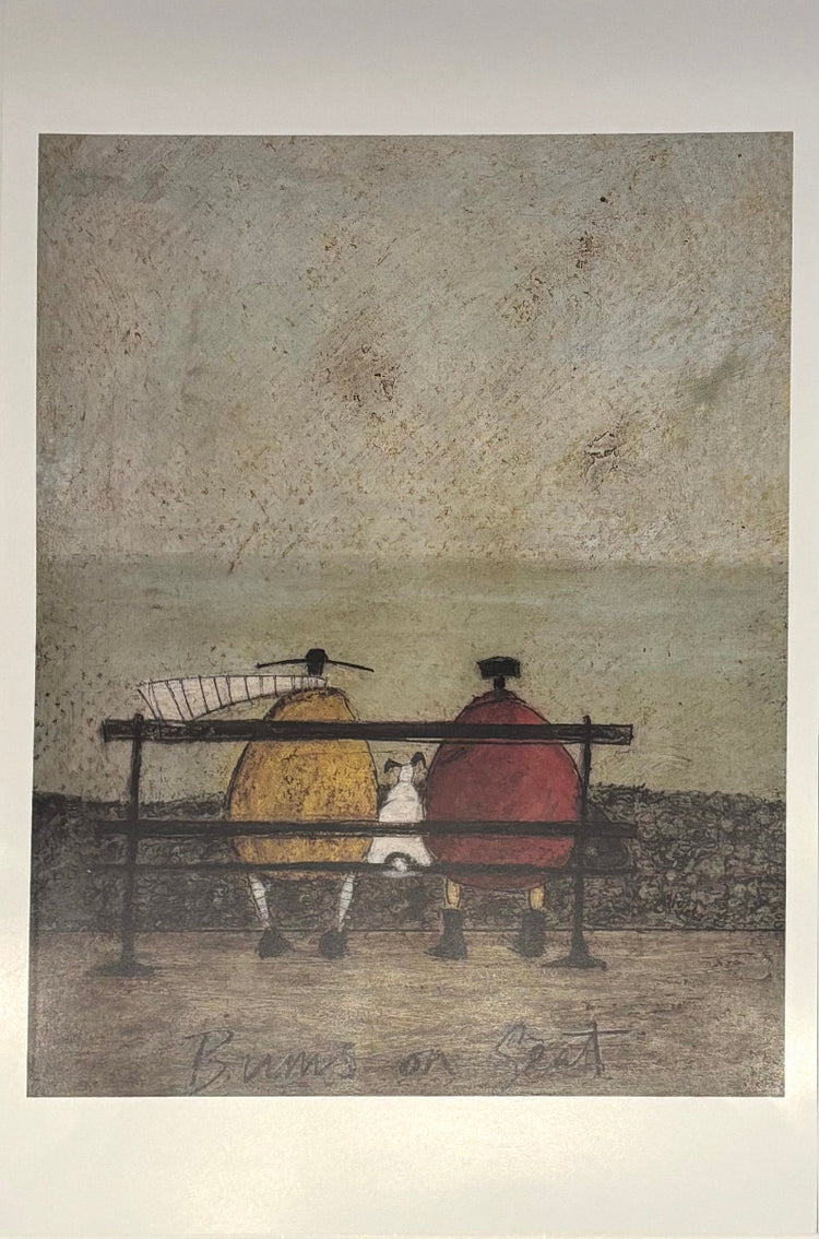 A textured art print depicting two figures sitting on a bench, one in a yellow coat and one in a red coat, facing a calm sea under a cloudy sky. The print is signed 'Barnes and Strat' at the bottom.