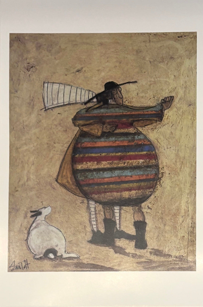 A surreal figurative art print depicting a person from behind with a striped body and a dog at their feet, set against a textured beige background.