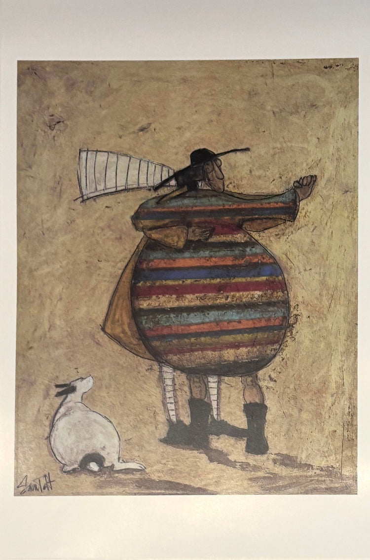 A surreal figurative art print depicting a person from behind with a striped body and a dog at their feet, set against a textured beige background.