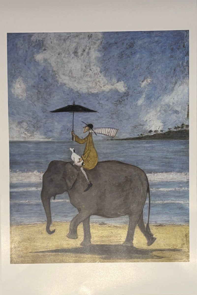 A square art print depicting a whimsical scene of an elephant walking on a sandy beach under a cloudy blue sky, with a person riding it while holding a black umbrella and a white bird on their shoulder.