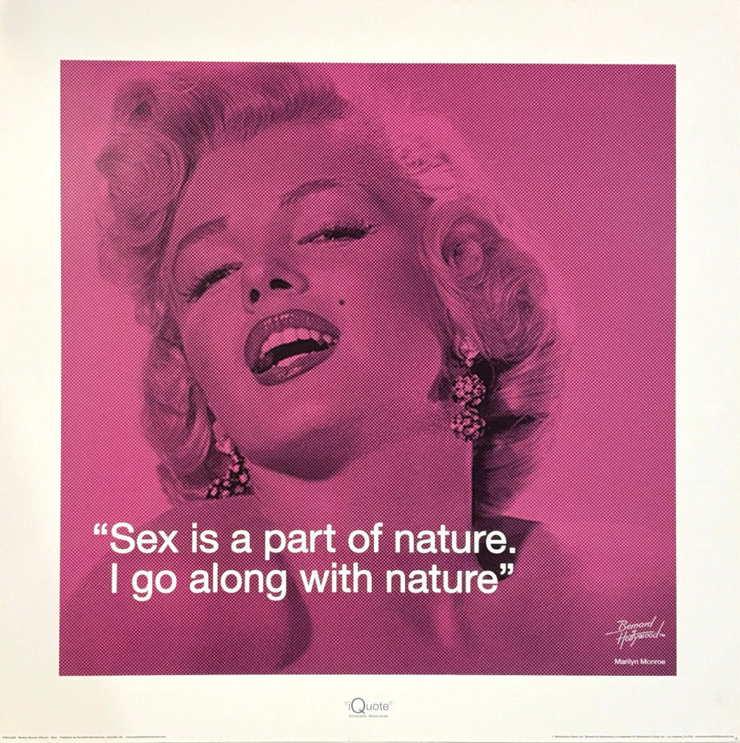 A square art print featuring a stylized pink-toned portrait of Marilyn Monroe with the quote, 'Sex is a part of nature. I go along with nature' in white text at the bottom.