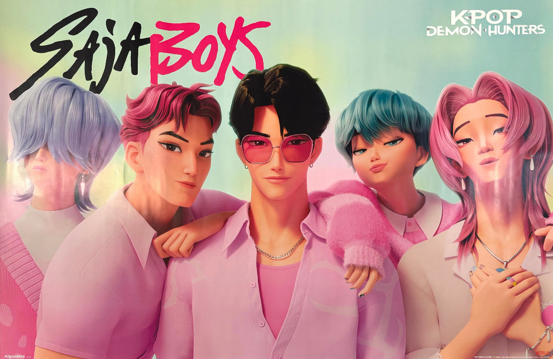 A stylized promotional poster for 'Sajja Boys' K-pop group, featuring five illustrated characters in pink and pastel outfits against a soft gradient background, with the text 'Sajja Boys' and 'K-POP DEMON HUNTERS' visible.