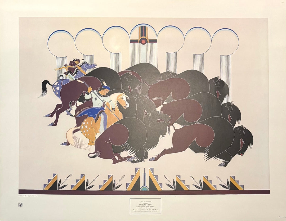 "Buffalo Hunt by Velino Shije Herrera, a 1981 print of Pueblo hunters on horseback charging a herd of buffalo,top and bottom has geometric Pueblo borders in earth tones."