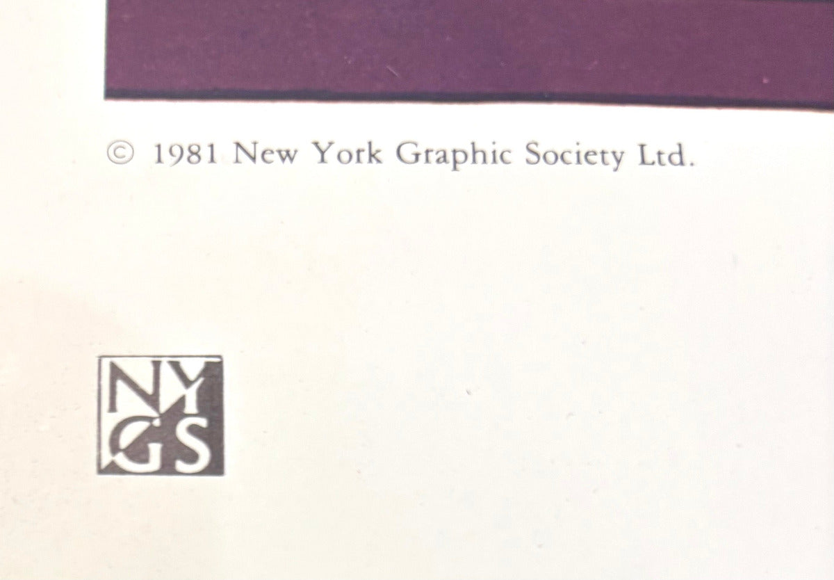 "Close-up of the copyright line printed on the sheet reading copyright 1981 New York Graphic Society Ltd. beside the square NYGS logo."