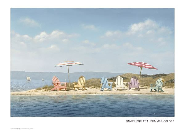 A beach scene print by Daniel Pollera titled 'Summer Colors', featuring pastel-colored Adirondack chairs and striped umbrellas on a sandy shore under a blue sky with light clouds.