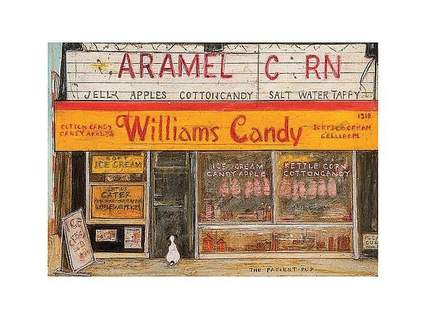 An oil painting of a vintage storefront, featuring a large marquee reading 'ARAMEL CARN' and a bright yellow sign for 'Williams Candy'. The scene includes windows displaying candy, a small white goose on the sidewalk, and a weathered, textured style with visible brushstrokes.