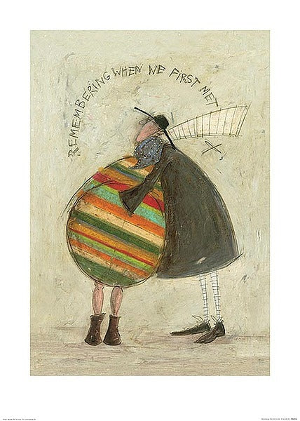 Sam Toft print – Remembering When We First Met, Mr. Mustard wraps his arms around Violet in a warm embrace, her bold striped coat filling the frame, the words "Remembering When We First Met" arching above them — Incurable Collector