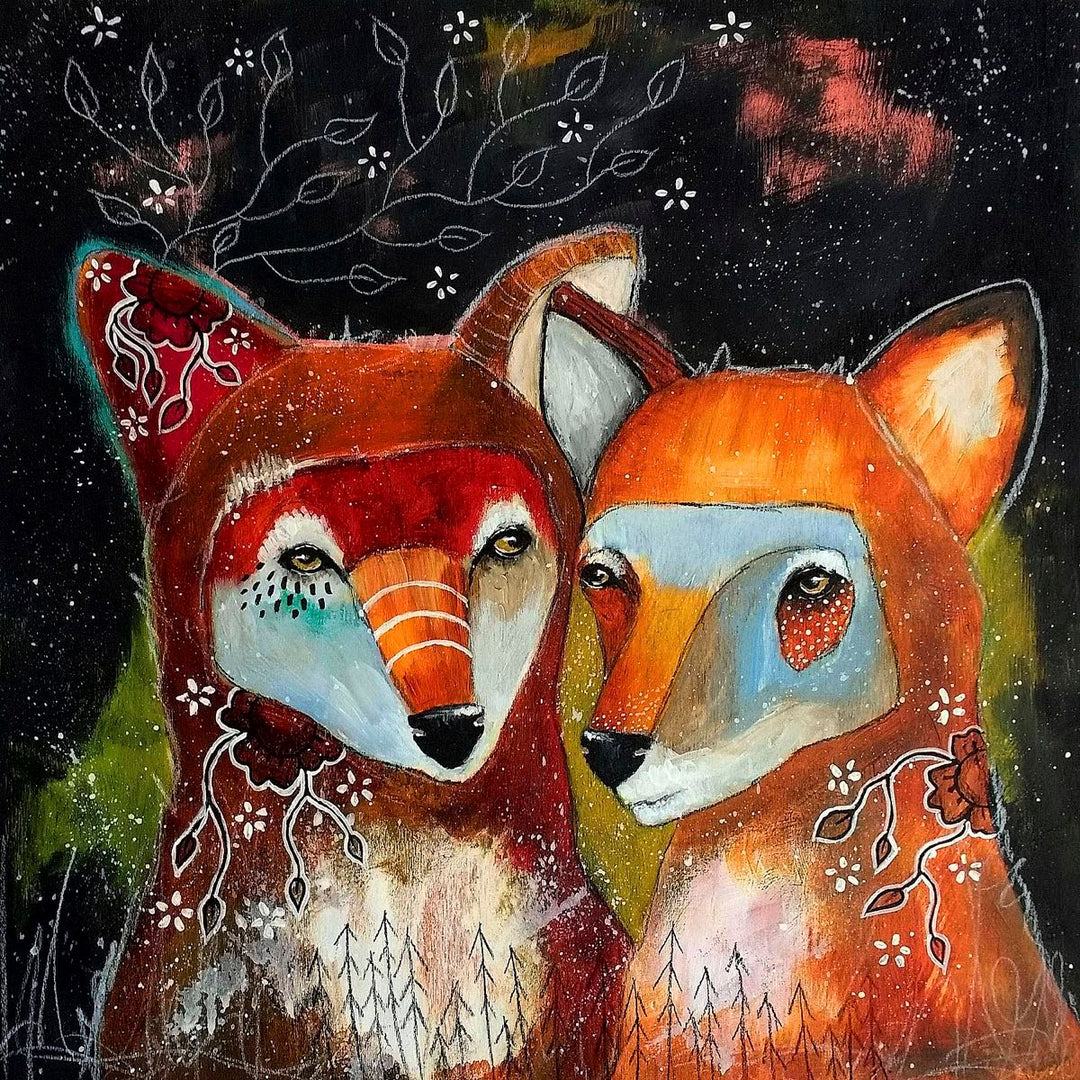 "The Secret Hermit fine art print - Home is Wherever you Are, two stylized foxes with floral patterns around them on a dark background with star-like details, warm and intimate"
