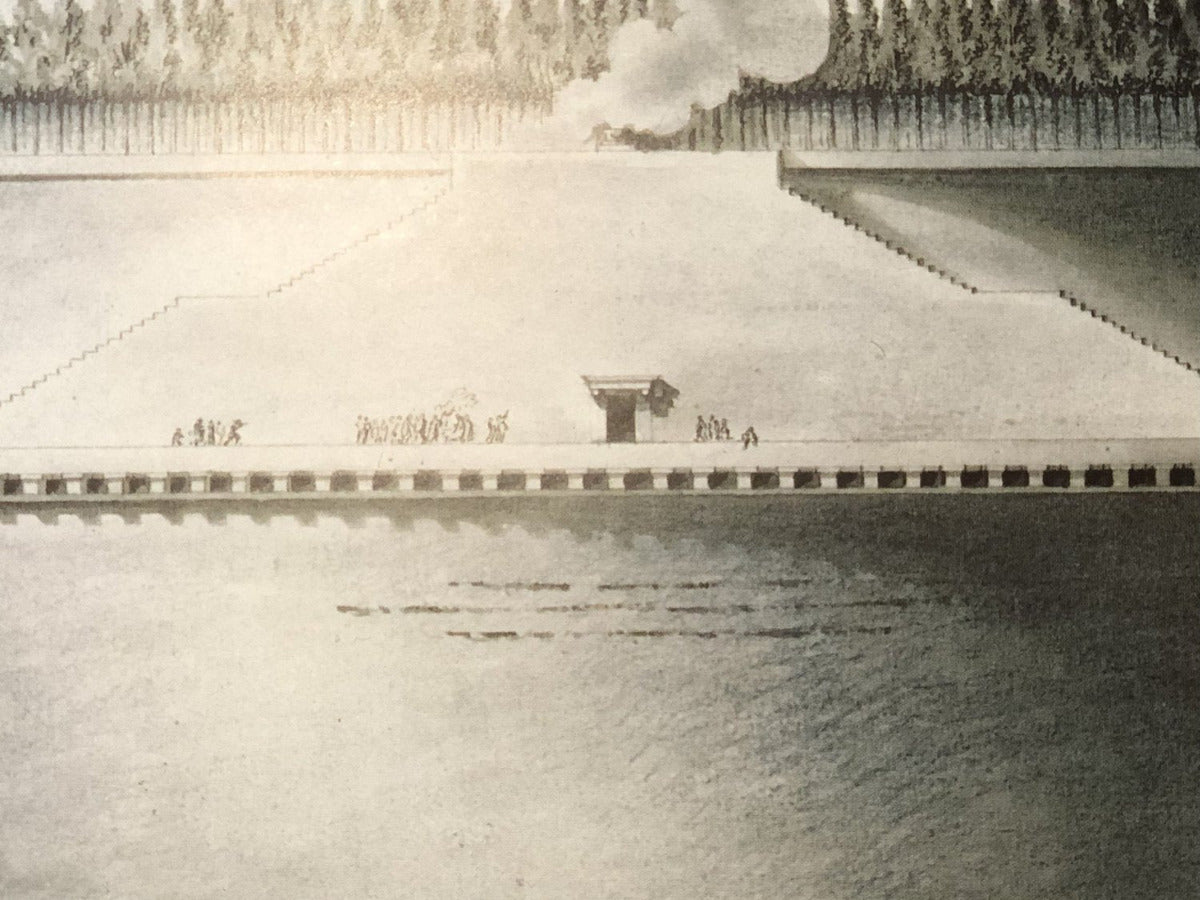 A sepia-toned architectural illustration or print showing a wide terrace or embankment with a central structure, a fence line, and water in the foreground.
