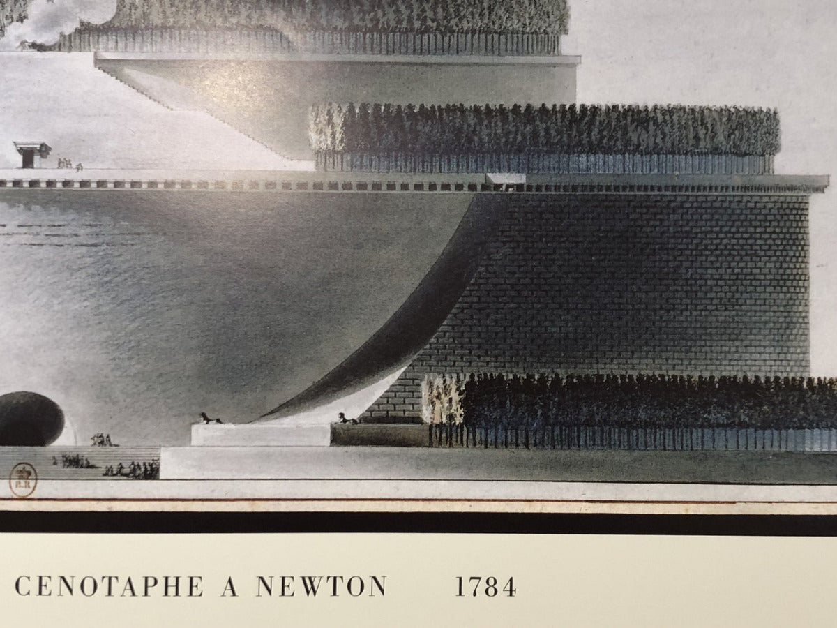 An architectural art print depicting a cenotaph monument designed by Sir John Norman (labeled 'CENOTAPHE A NEWTON 1784'). The print features a detailed grayscale illustration of the tiered stone structure with rows of trees on its terraces, set against a cream-colored border at the bottom with black text.