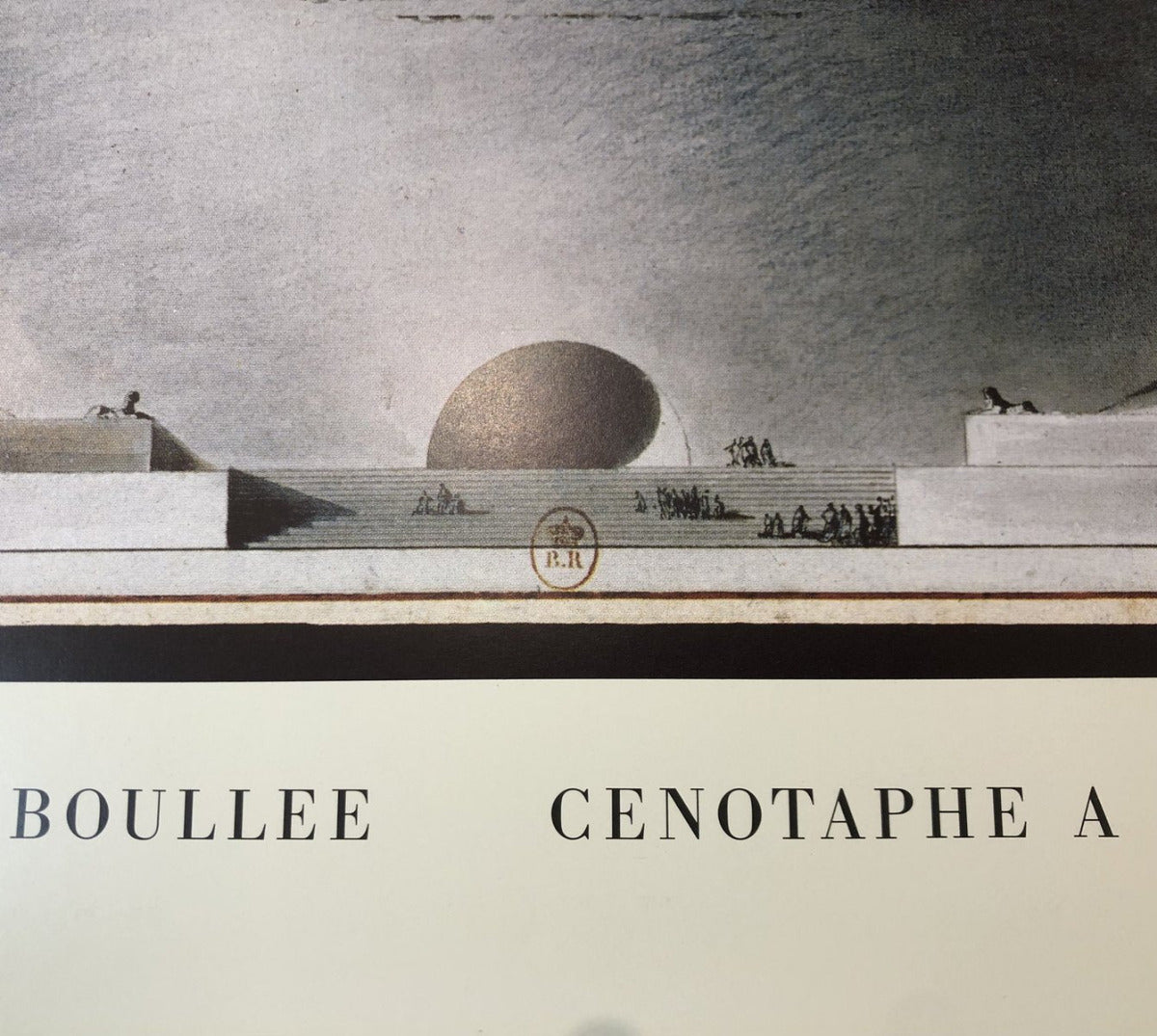 A close-up of a monochrome architectural or scenic print with the text 'BOULLEE CENOTAPHE A' printed below on an off-white background.