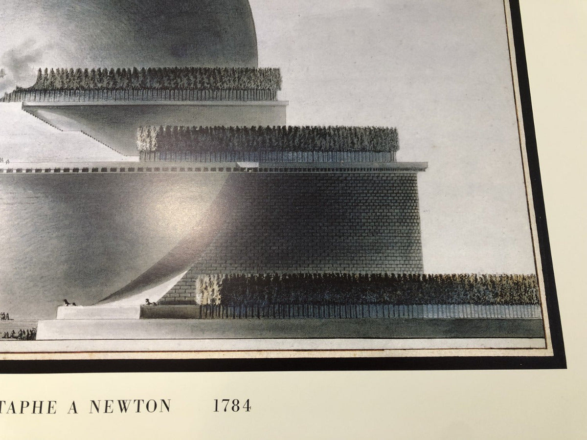 A black and white art print featuring a stylized architectural scene with geometric forms and rows of small human figures, with the text 'CHAPTE A NEWTON 1784' printed below on a light background.