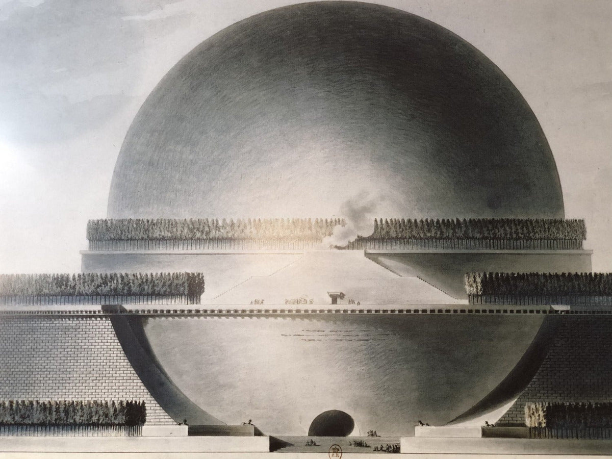 Rare vintage lithographic print of Étienne-Louis Boullée's Cenotaph at Newton (1784) — a monumental sphere surrounded by cypress trees, rendered in black, grey and cream. Published by Lidiarte Éditeur, France.