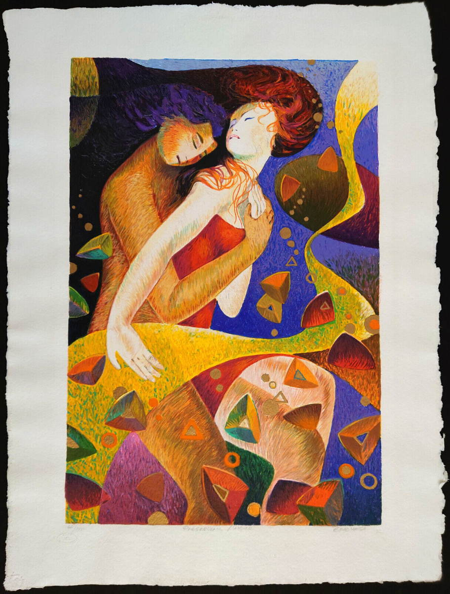 An abstract art print featuring two embracing figures in a colorful, geometric style, printed on textured off-white paper with a black border.