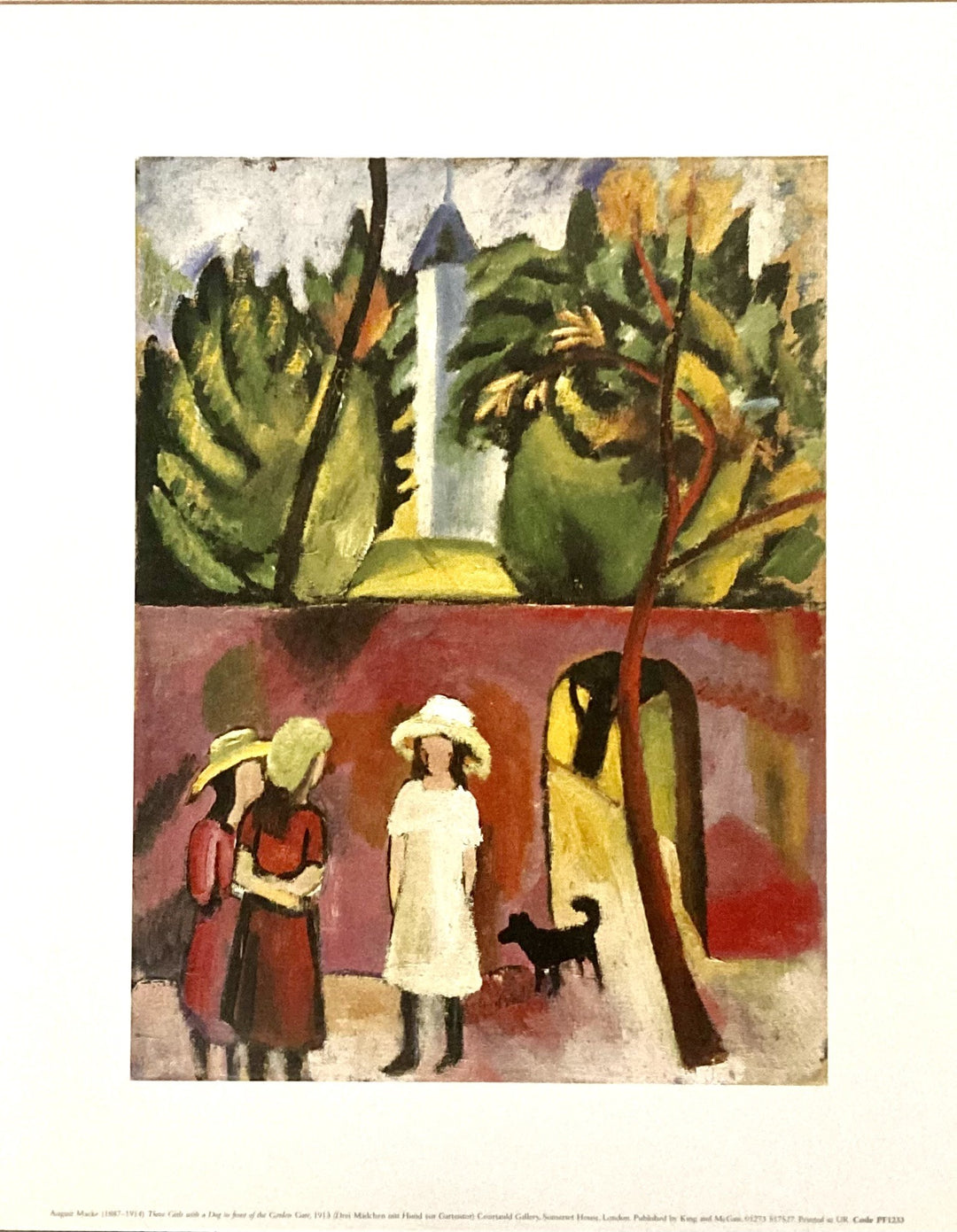 Macke, August - Three Girls with a Dog in front of the Garden Gate