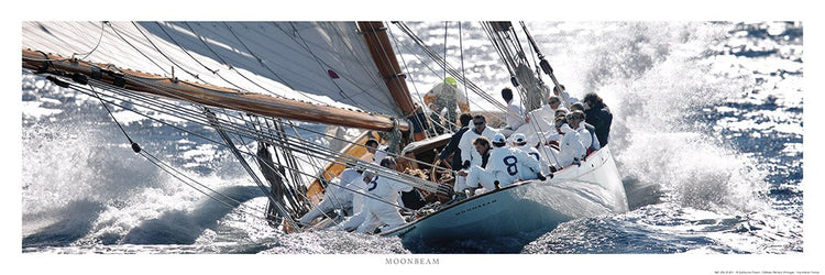 A high-speed sailing race scene with a white sailboat cutting through choppy blue ocean water, with crew members visible on deck. The image has a white border and the word 'MORNINGBEAM' printed at the bottom.