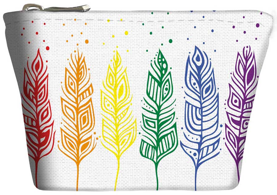 Coin Bag with colorful feather designs on a white background