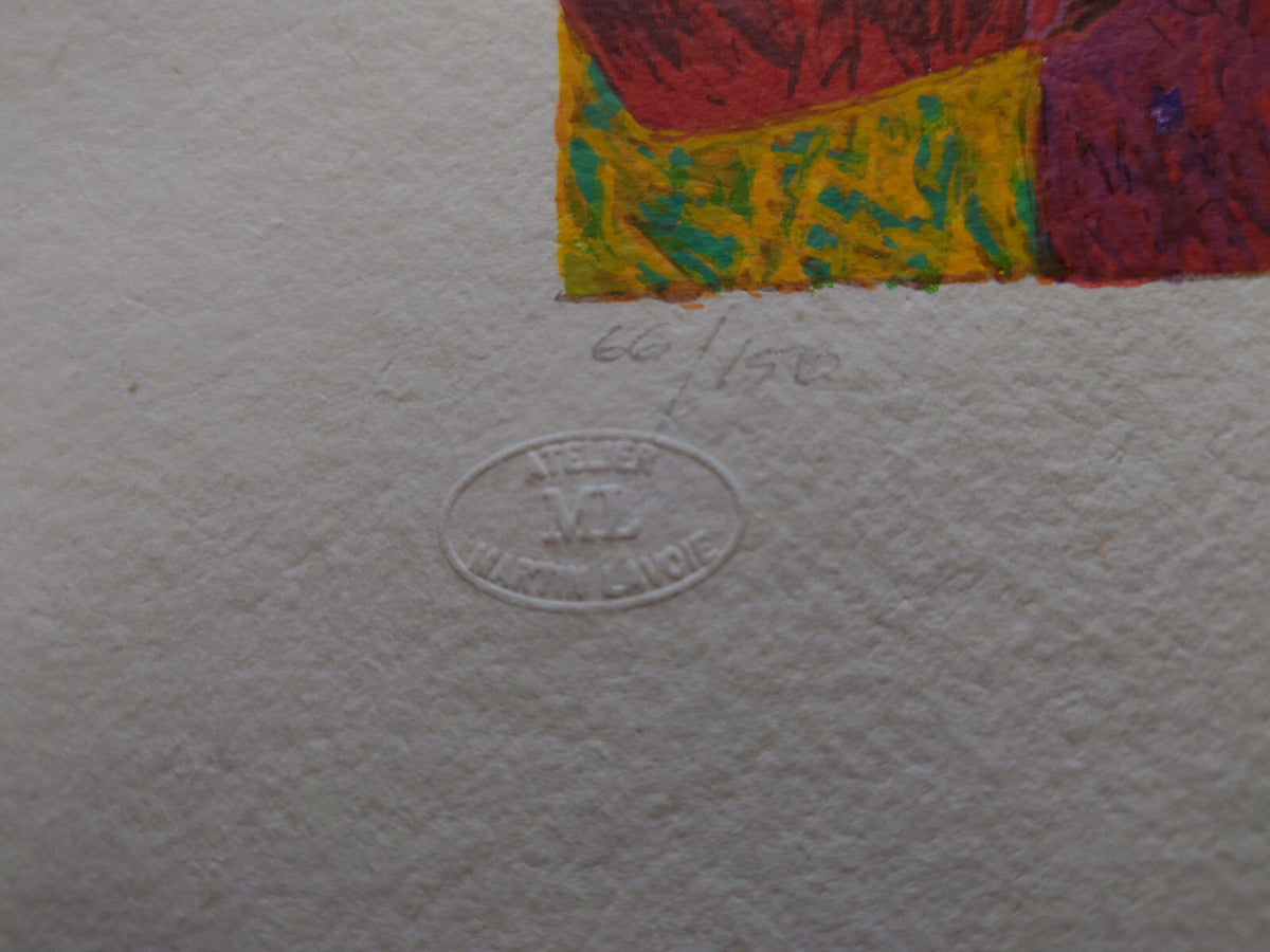 Close-up of a textured off-white paper print showing part of a colorful artwork with red, yellow, and green marks, plus a faint embossed oval signature and handwritten numbering.